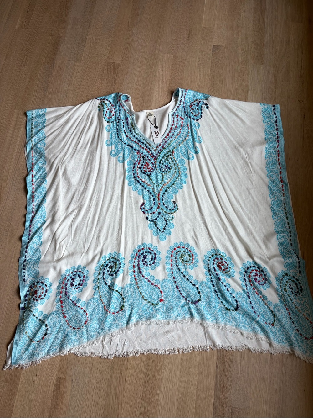 Raj White Kaftan Swim Coverup with Turquoise Embroidery